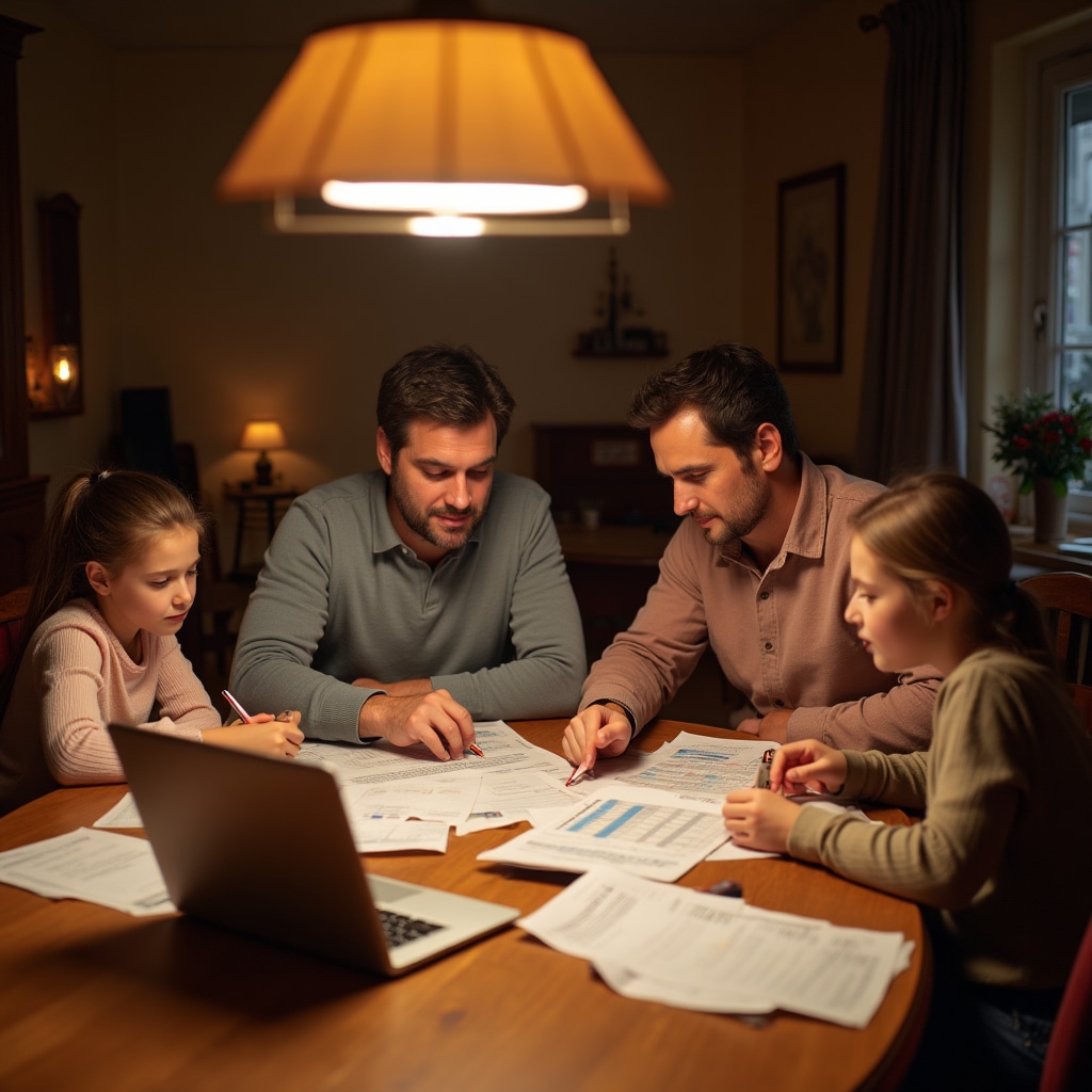 Familie planificând bugetul împreună la masă